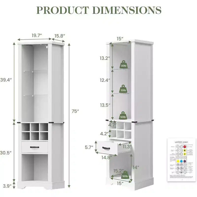 Meuble de rangement de 190 cm avec éclairage LED, étagères en verre trempé et porte-bouteilles