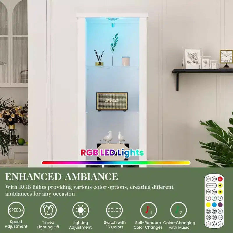 Meuble de rangement de 190 cm avec éclairage LED, étagères en verre trempé et porte-bouteilles
