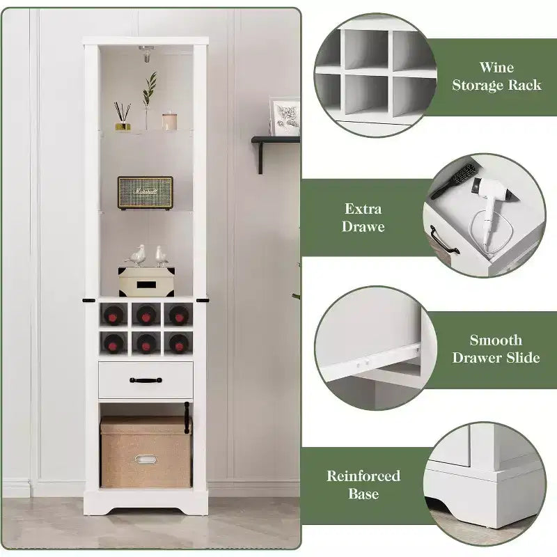 Meuble de rangement de 190 cm avec éclairage LED, étagères en verre trempé et porte-bouteilles