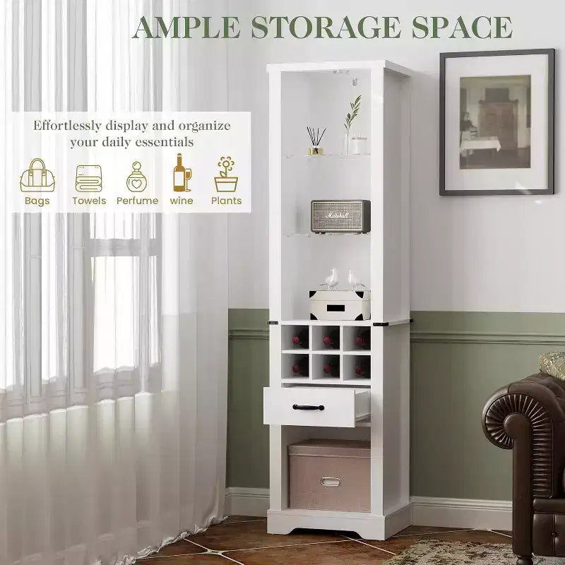 Meuble de rangement de 190 cm avec éclairage LED, étagères en verre trempé et porte-bouteilles