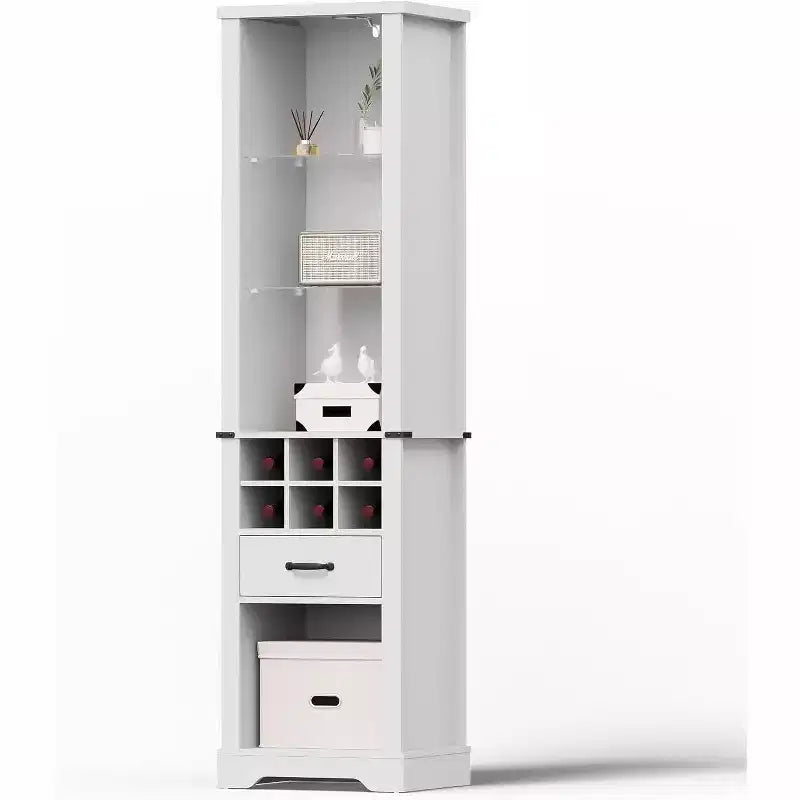 Meuble de rangement de 190 cm avec éclairage LED, étagères en verre trempé et porte-bouteilles