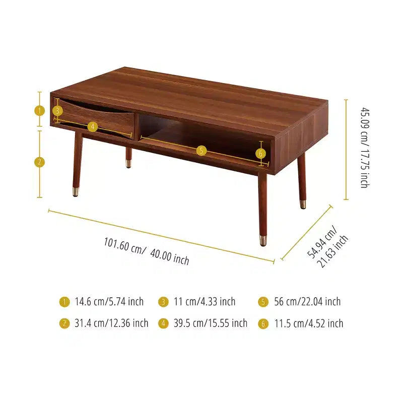 Table basse moderne du milieu du siècle avec tiroir et étagère