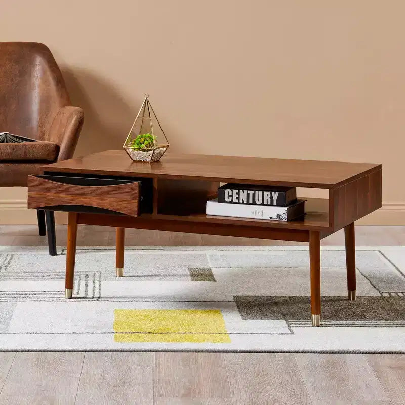 Table basse moderne du milieu du siècle avec tiroir et étagère