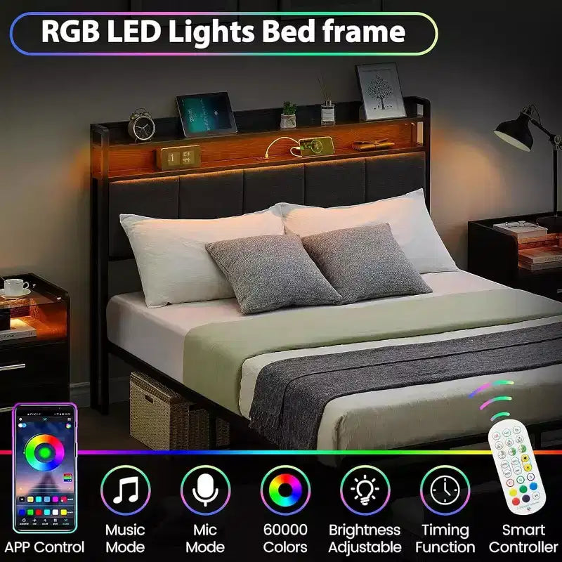 Cadre de lit avec tête de lit de rangement, lumières LED, station de charge et 2 tiroirs, aucun sommier tapissier requis