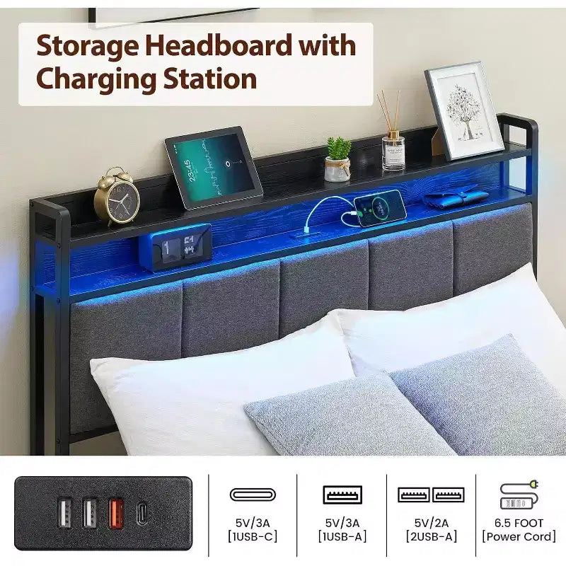 Cadre de lit avec tête de lit de rangement, lumières LED, station de charge et 2 tiroirs, aucun sommier tapissier requis