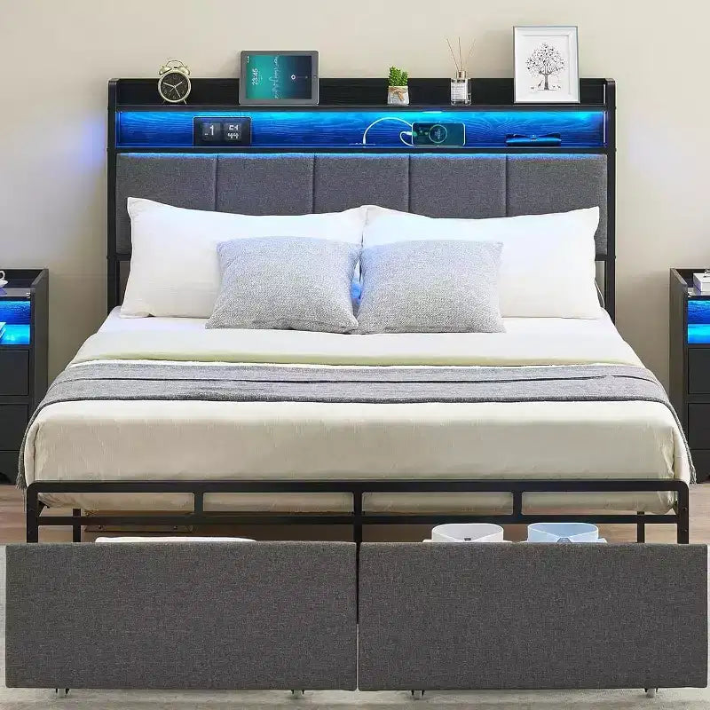 Cadre de lit avec tête de lit de rangement, lumières LED, station de charge et 2 tiroirs, aucun sommier tapissier requis
