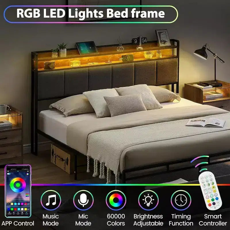 Cadre de lit avec tête de lit de rangement, lumières LED, station de charge et 2 tiroirs, aucun sommier tapissier requis