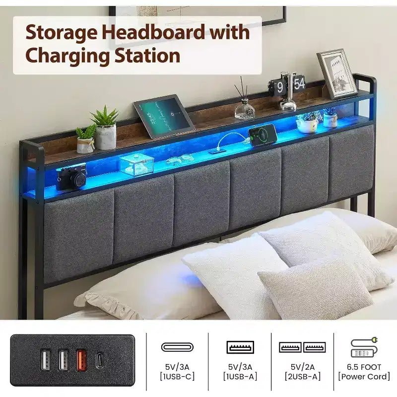 Cadre de lit avec tête de lit de rangement, lumières LED, station de charge et 2 tiroirs, aucun sommier tapissier requis
