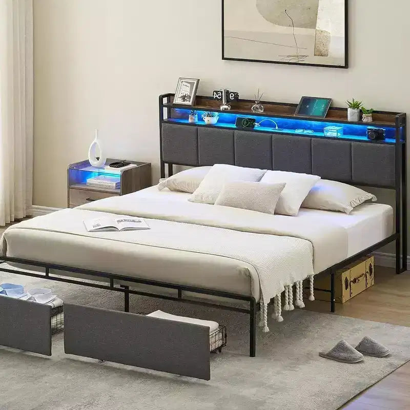 Cadre de lit avec tête de lit de rangement, lumières LED, station de charge et 2 tiroirs, aucun sommier tapissier requis