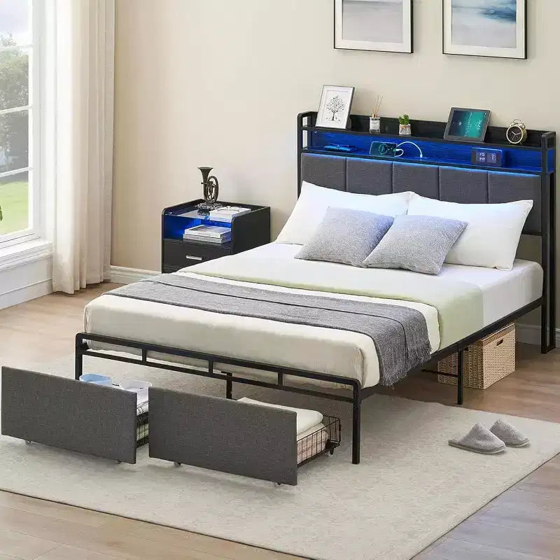 Cadre de lit avec tête de lit de rangement, lumières LED, station de charge et 2 tiroirs, aucun sommier tapissier requis