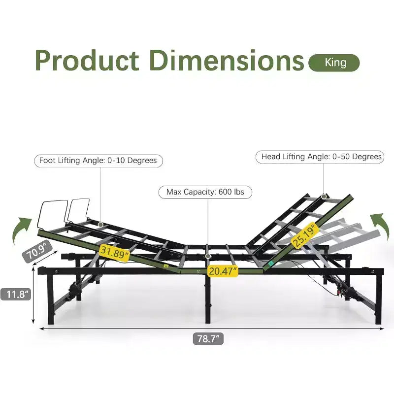 Sommier Électrique Articulé avec Télécommande Filaire, Inclinaison Ergonomique de la Tête et des Pieds - King Size