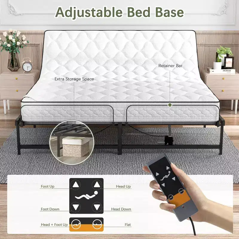 Sommier Électrique Articulé avec Télécommande Filaire, Inclinaison Ergonomique de la Tête et des Pieds - King Size
