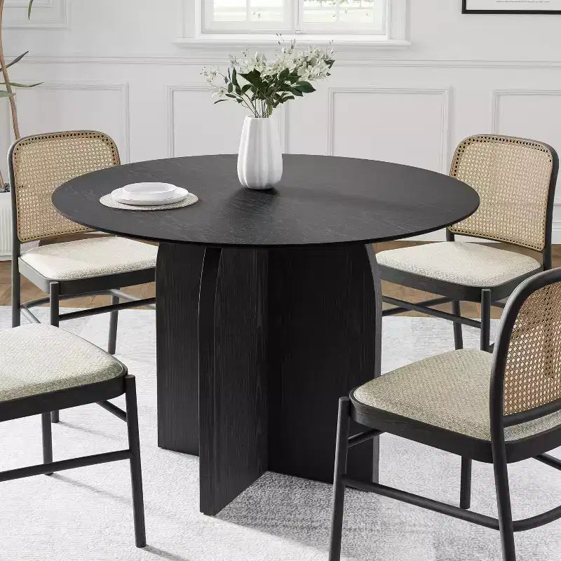 Table de salle à manger ronde en bois massif de 42 pouces avec finition noire et pieds arqués
