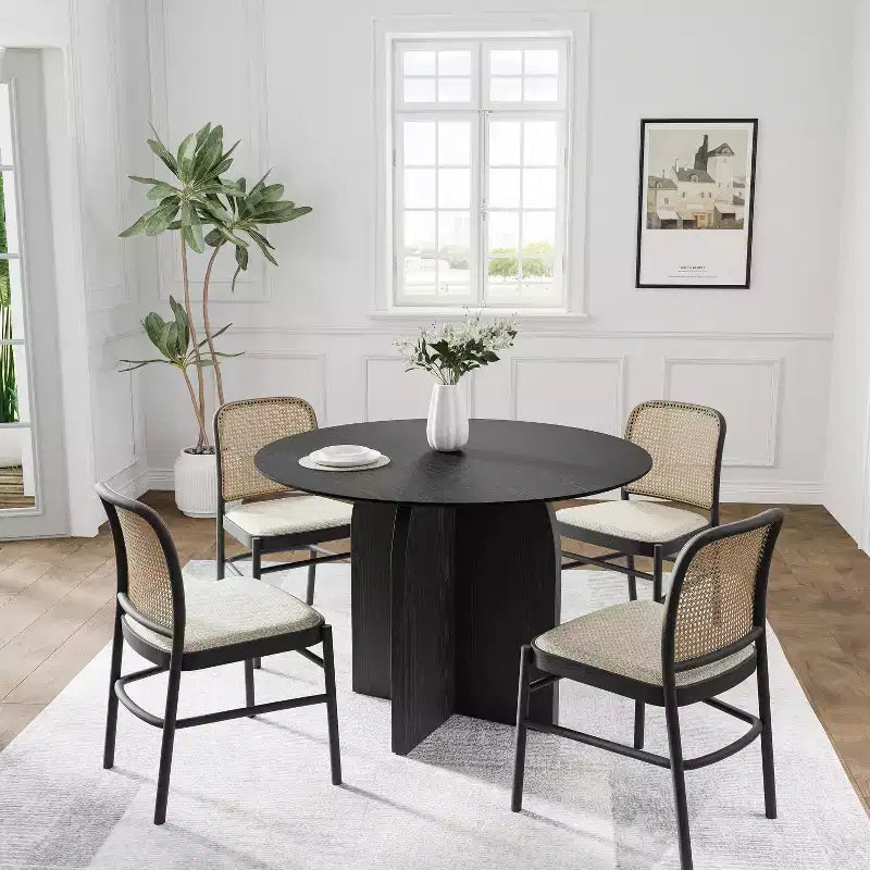 Table de salle à manger ronde en bois massif de 42 pouces avec finition noire et pieds arqués
