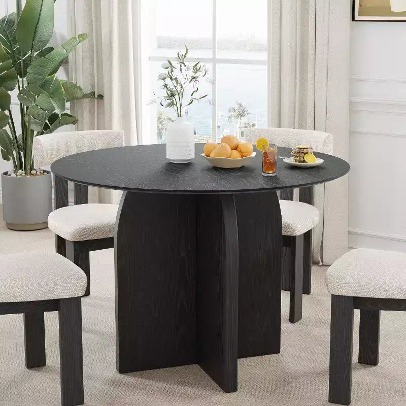 Table de salle à manger ronde en bois massif de 42 pouces avec finition noire et pieds arqués