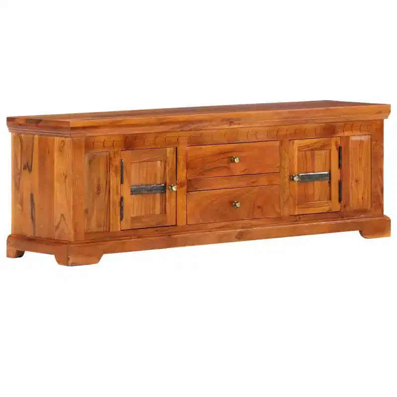 Meuble TV en bois d'acacia massif miel avec 2 tiroirs et 2 placards