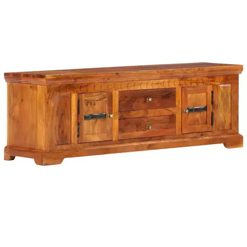 Meuble TV en bois d'acacia massif miel avec 2 tiroirs et 2 placards
