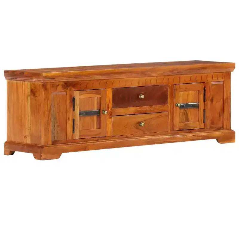 Meuble TV en bois d'acacia massif miel avec 2 tiroirs et 2 placards