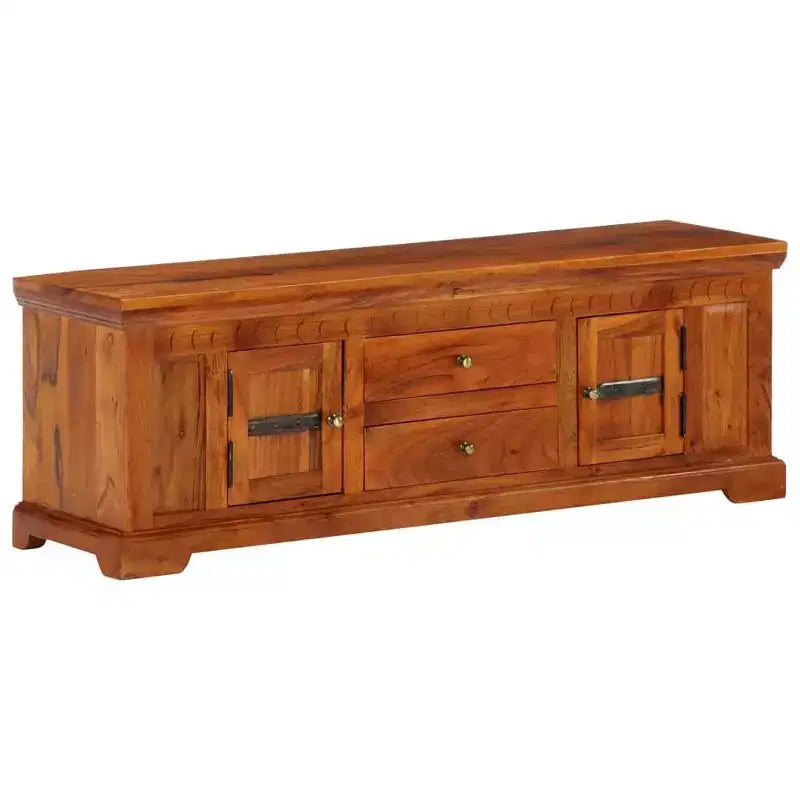 Meuble TV en bois d'acacia massif miel avec 2 tiroirs et 2 placards