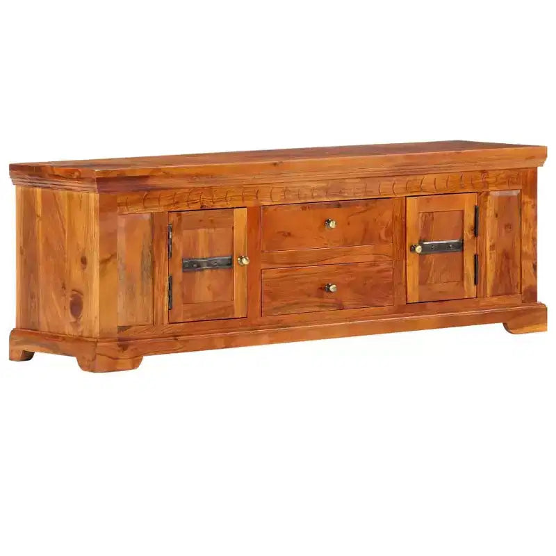 Meuble TV en bois d'acacia massif miel avec 2 tiroirs et 2 placards