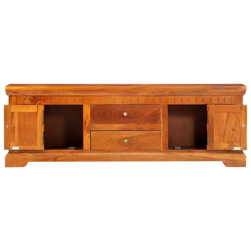 Meuble TV en bois d'acacia massif miel avec 2 tiroirs et 2 placards