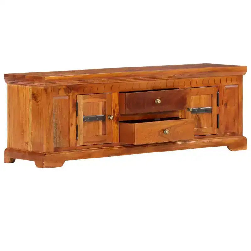 Meuble TV en bois d'acacia massif miel avec 2 tiroirs et 2 placards