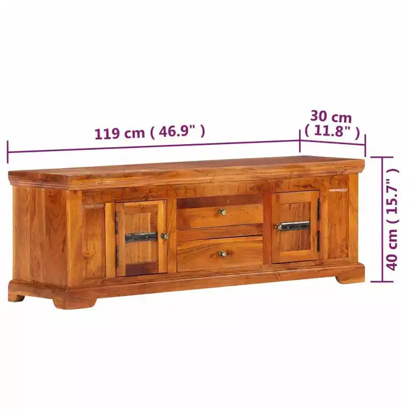 Meuble TV en bois d'acacia massif miel avec 2 tiroirs et 2 placards