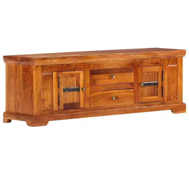 Meuble TV en bois d'acacia massif miel avec 2 tiroirs et 2 placards