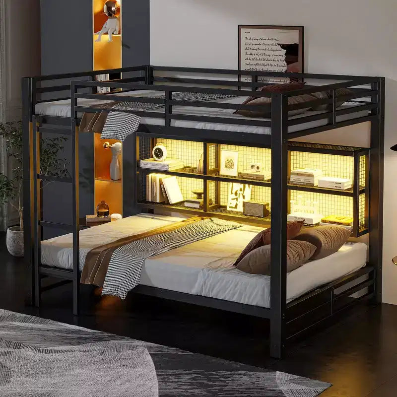 Lit superposé Queen au-dessus de Queen en métal avec armoires de rangement et lumières LED - Noir