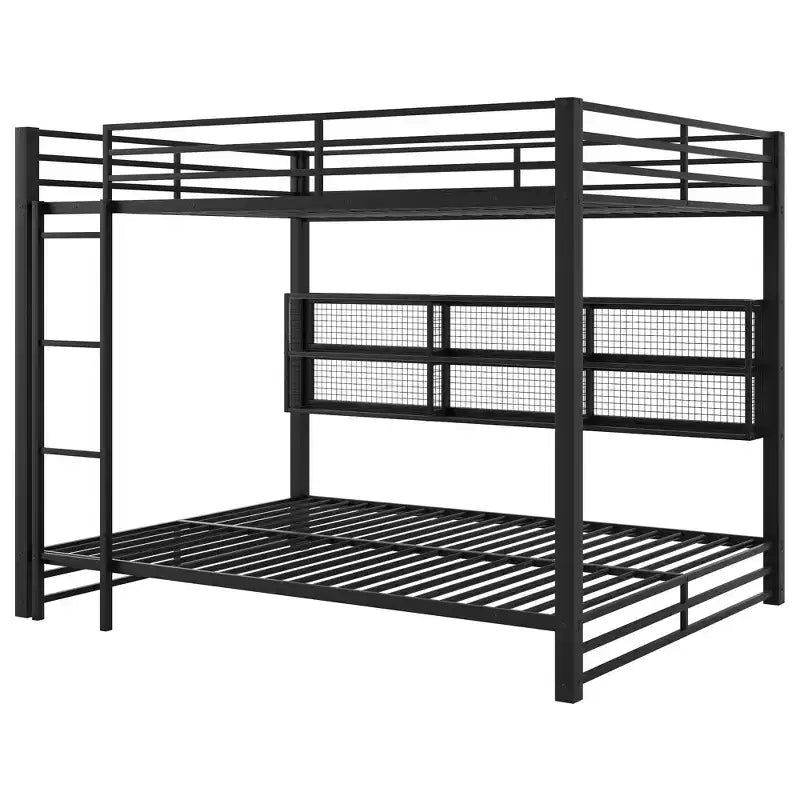 Lit superposé Queen au-dessus de Queen en métal avec armoires de rangement et lumières LED - Noir