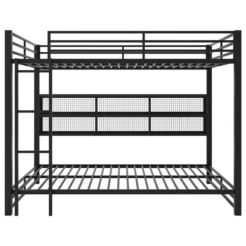 Lit superposé Queen au-dessus de Queen en métal avec armoires de rangement et lumières LED - Noir