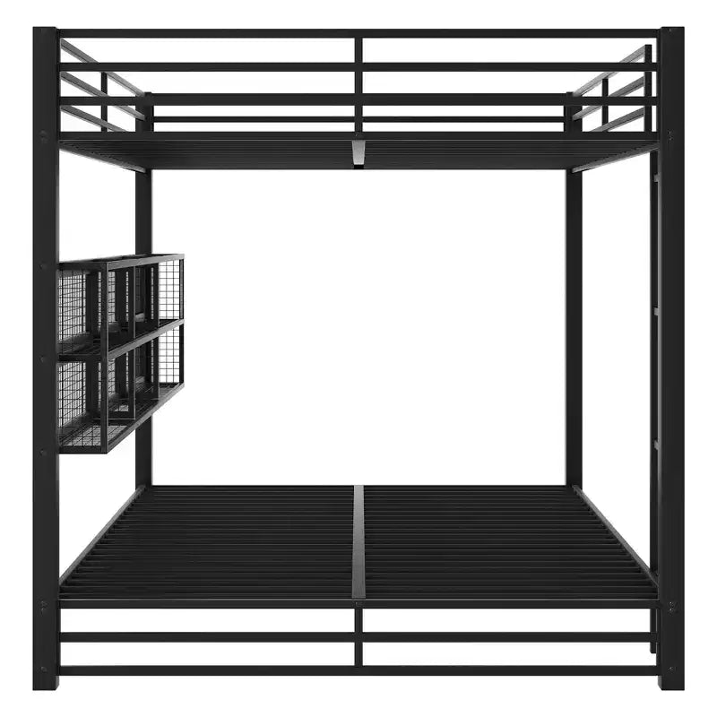 Lit superposé Queen au-dessus de Queen en métal avec armoires de rangement et lumières LED - Noir