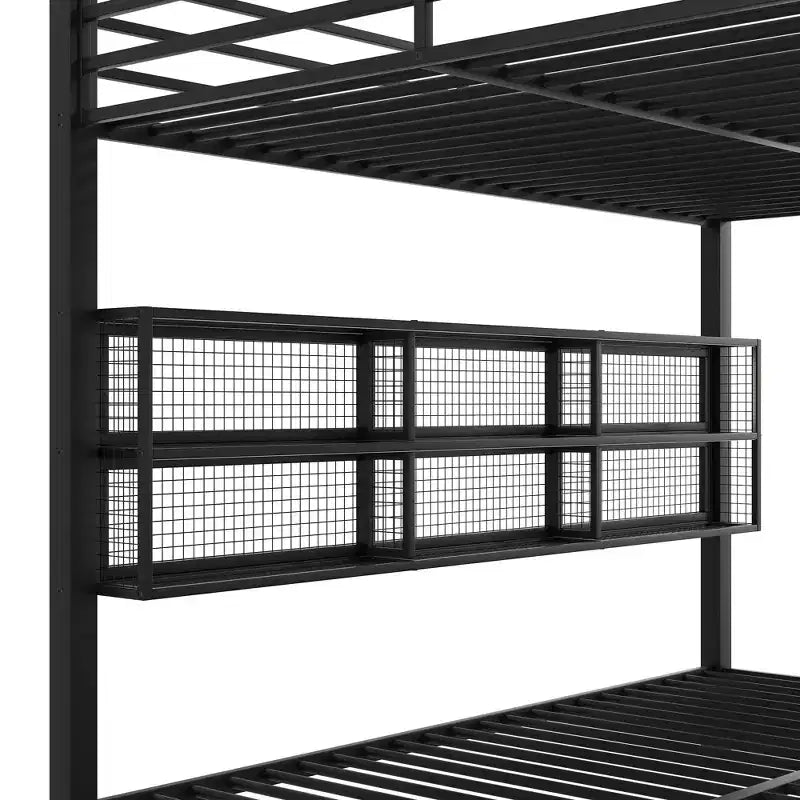 Lit superposé Queen au-dessus de Queen en métal avec armoires de rangement et lumières LED - Noir