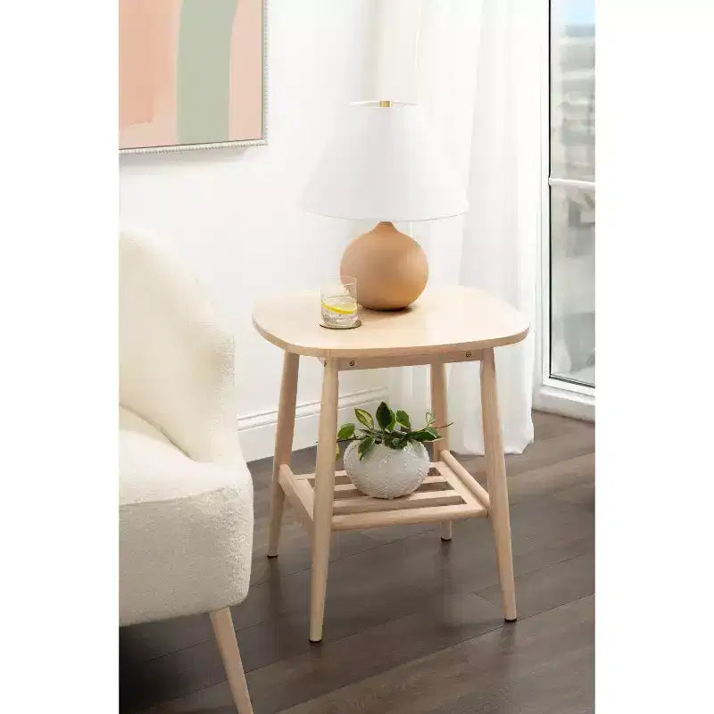 Table d'appoint en bois à deux niveaux avec étagère à lattes - Finition naturelle