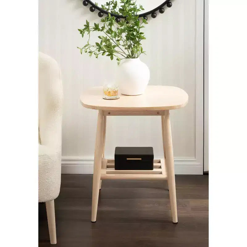 Table d'appoint en bois à deux niveaux avec étagère à lattes - Finition naturelle