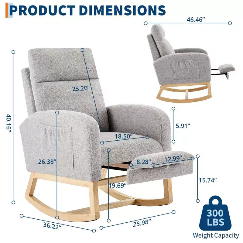Fauteuil à bascule pour chambre de bébé avec repose-pieds, fauteuil inclinable avec dossier haut et pieds en bois et poche latérale pour salon, chambre, gris