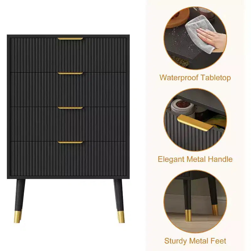 Commode à 4 tiroirs avec poignées en métal doré, commode cannelée pour chambre, salon et entrée