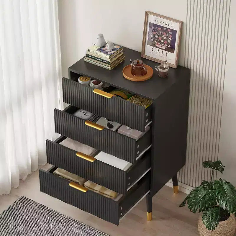 Commode à 4 tiroirs avec poignées en métal doré, commode cannelée pour chambre, salon et entrée