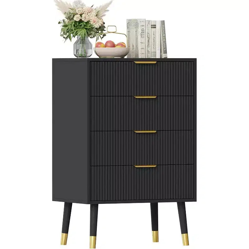 Commode à 4 tiroirs avec poignées en métal doré, commode cannelée pour chambre, salon et entrée