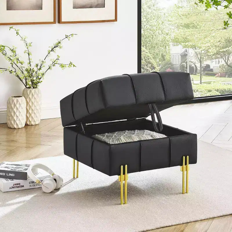 Pouffe de rangement en cuir anti-rayures de 56 cm, adapté aux animaux, avec pieds dorés en acier inoxydable - Noir