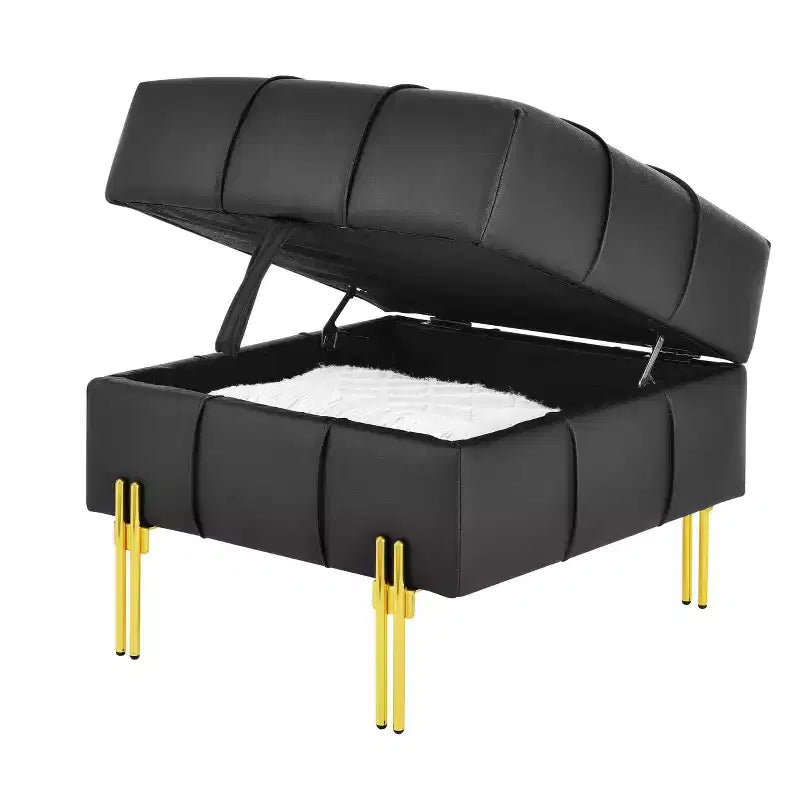 Pouffe de rangement en cuir anti-rayures de 56 cm, adapté aux animaux, avec pieds dorés en acier inoxydable - Noir