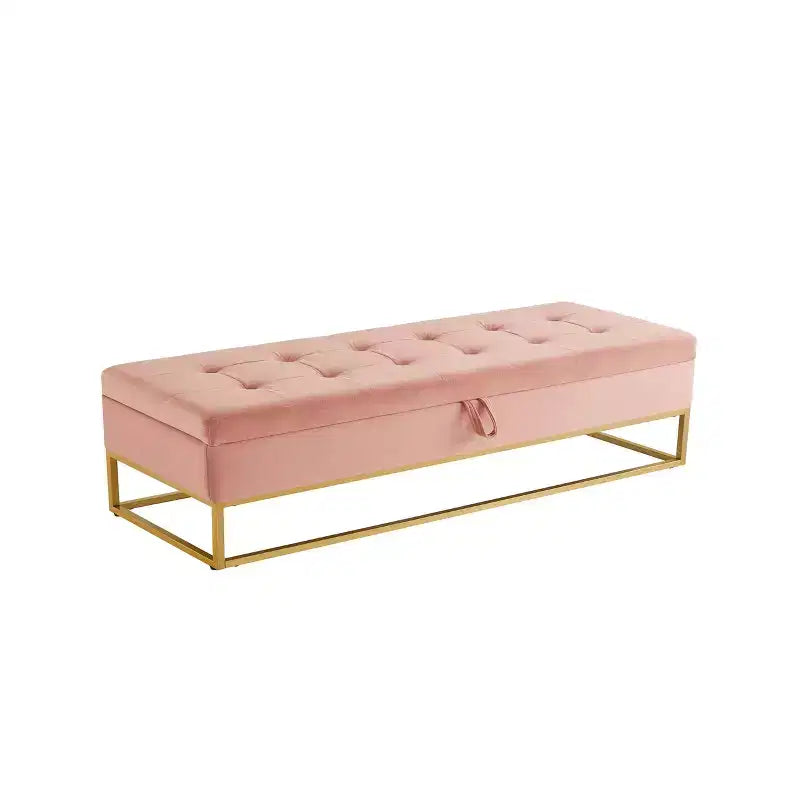 Banc de rangement en velours avec base en métal pour chambre, salon et couloir - Rose