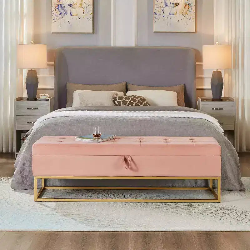 Banc de rangement en velours avec base en métal pour chambre, salon et couloir - Rose