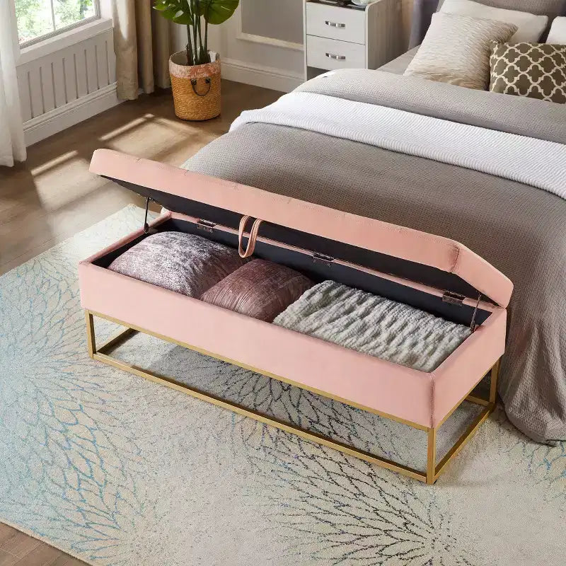 Banc de rangement en velours avec base en métal pour chambre, salon et couloir - Rose