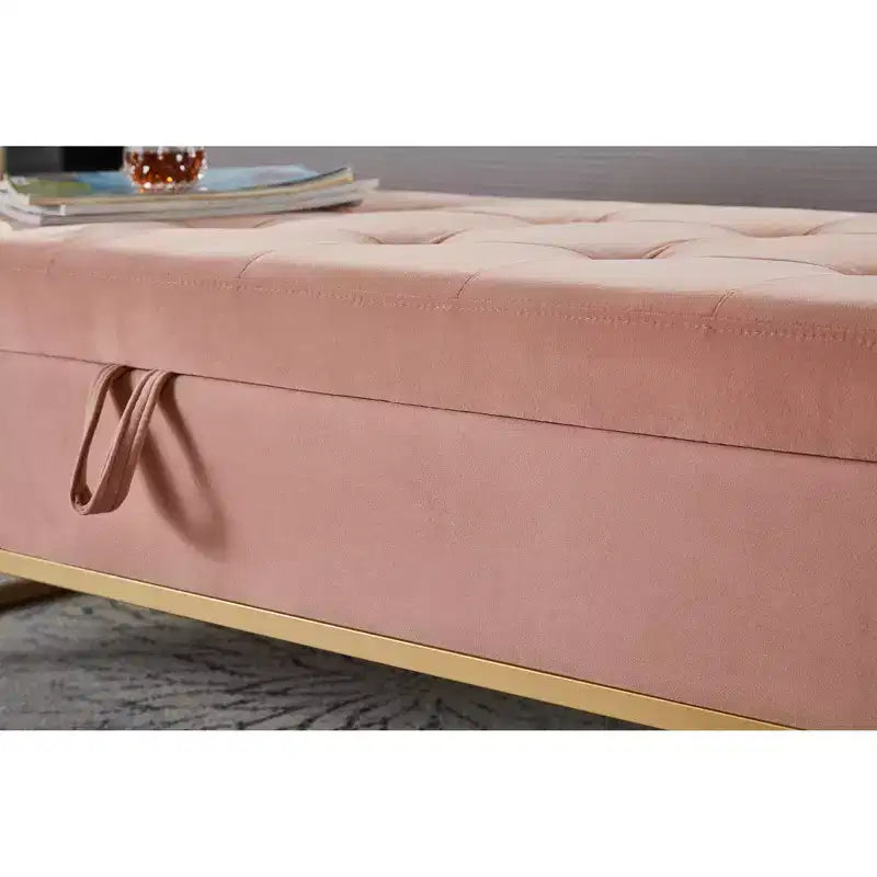 Banc de rangement en velours avec base en métal pour chambre, salon et couloir - Rose
