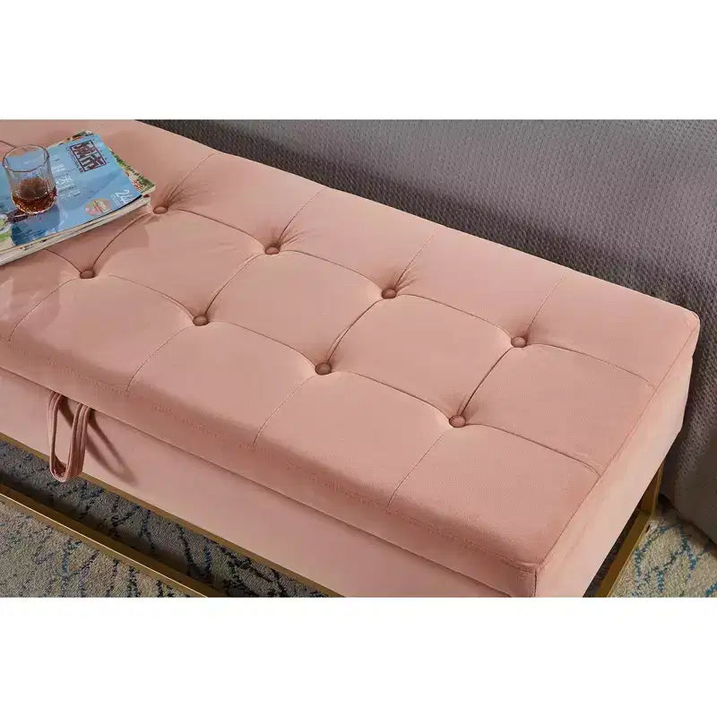 Banc de rangement en velours avec base en métal pour chambre, salon et couloir - Rose