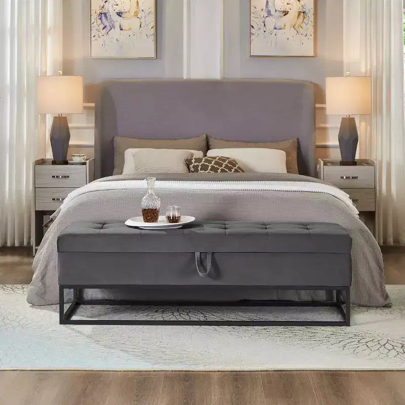Banc de rangement en velours à base métallique pour chambre, salon et couloir - Gris
