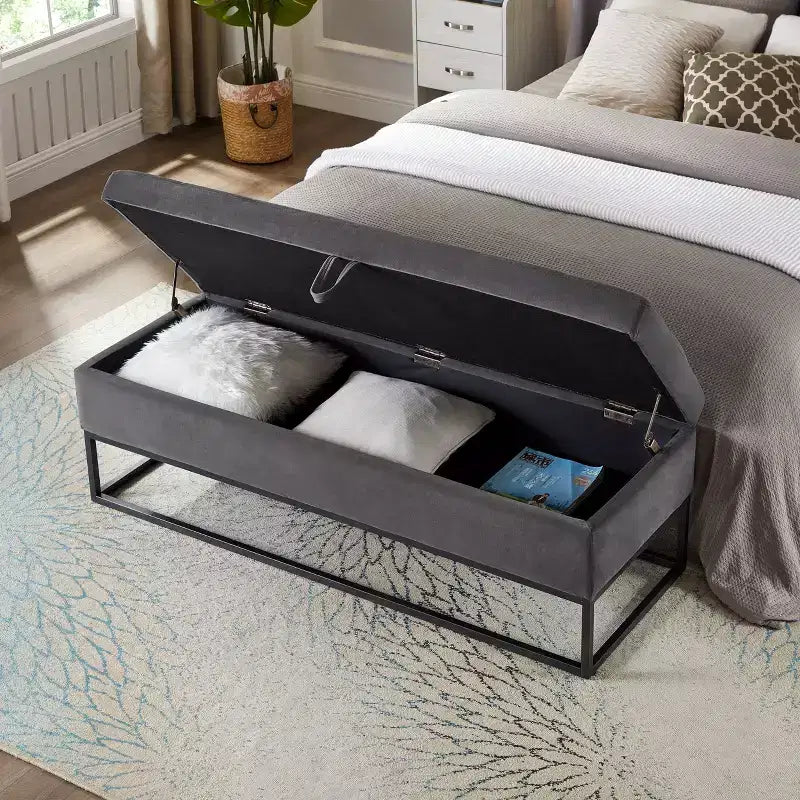 Banc de rangement en velours à base métallique pour chambre, salon et couloir - Gris