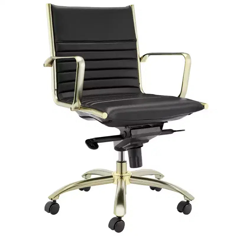 Chaise de bureau pivotante à roulettes en similicuir noir et or