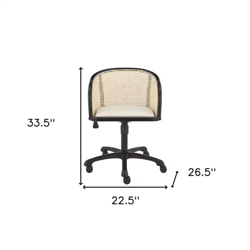 Chaise de bureau pivotante réglable à roulettes en bois massif, acier et rotin couleur beige et noir